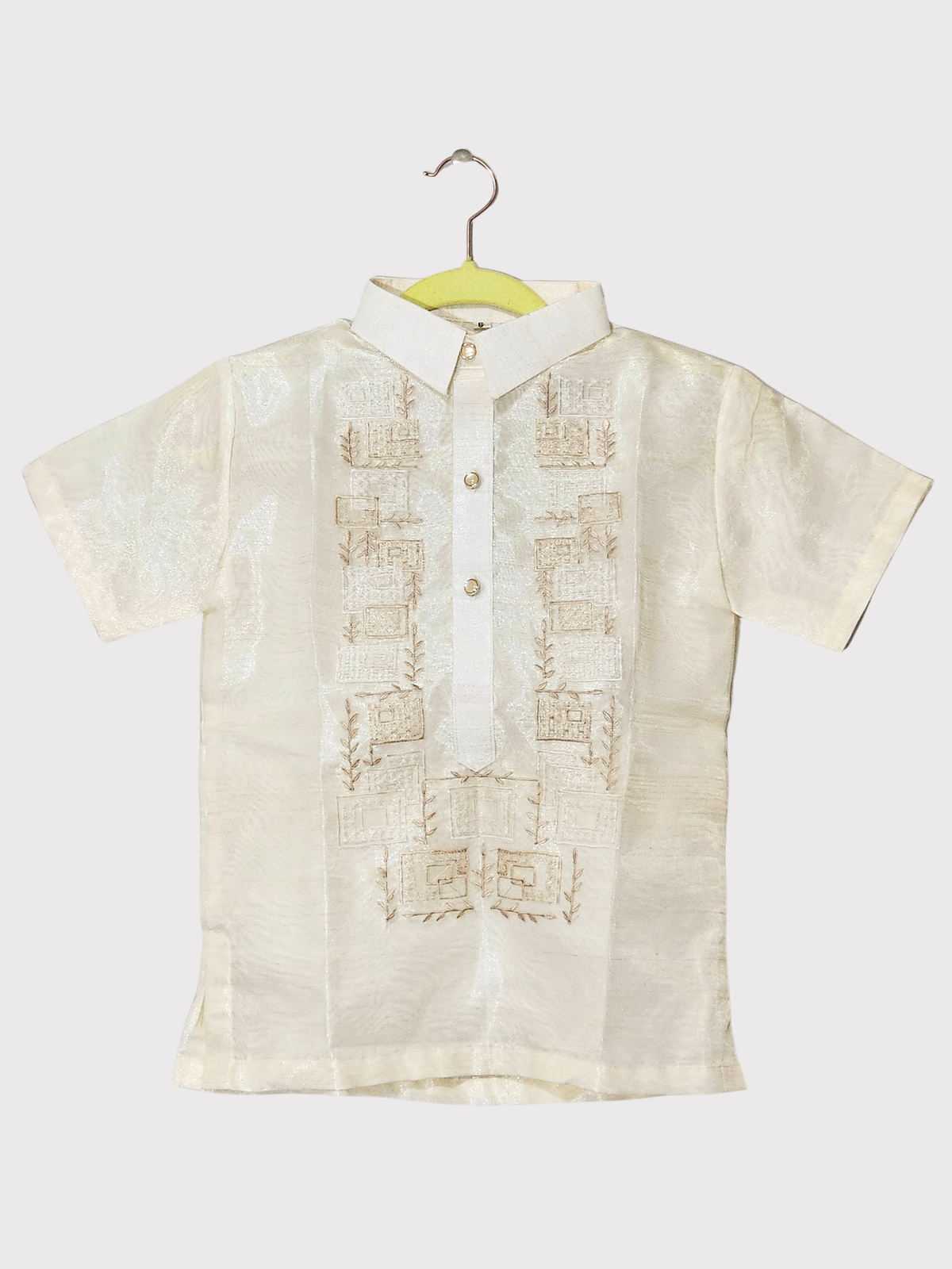 Cream Kid's Short Sleeve Barong Tagalog - Design 4