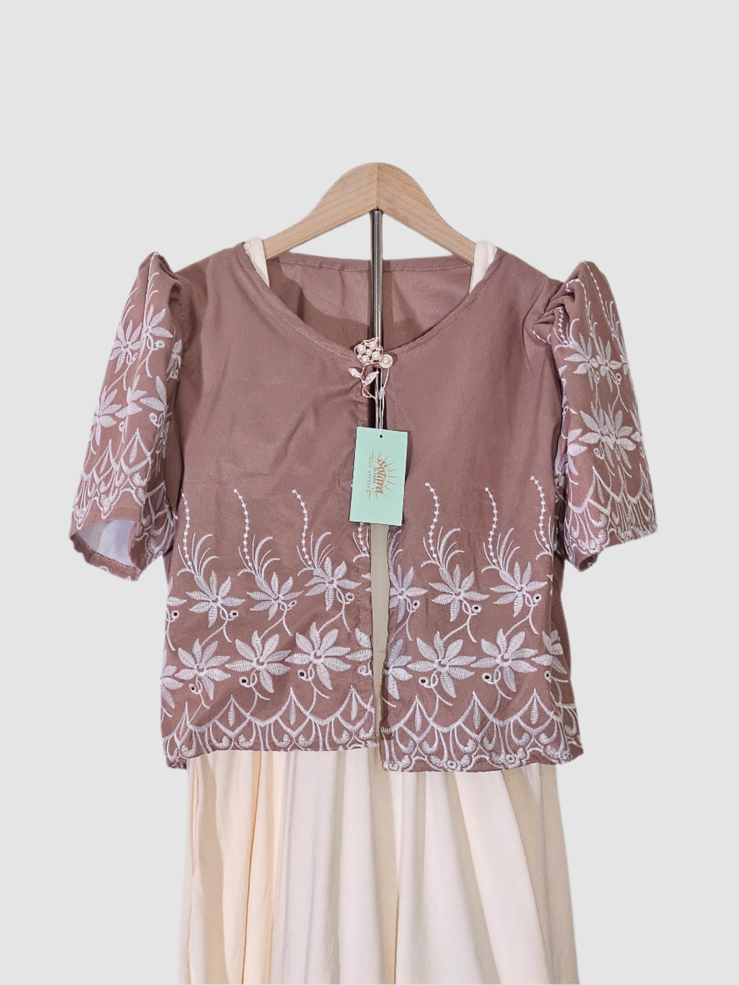 Bolero with White Floral Embroidery - Light Brown