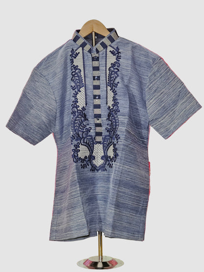 Navy Blue Short Sleeved Barong Tagalog -  Design 2