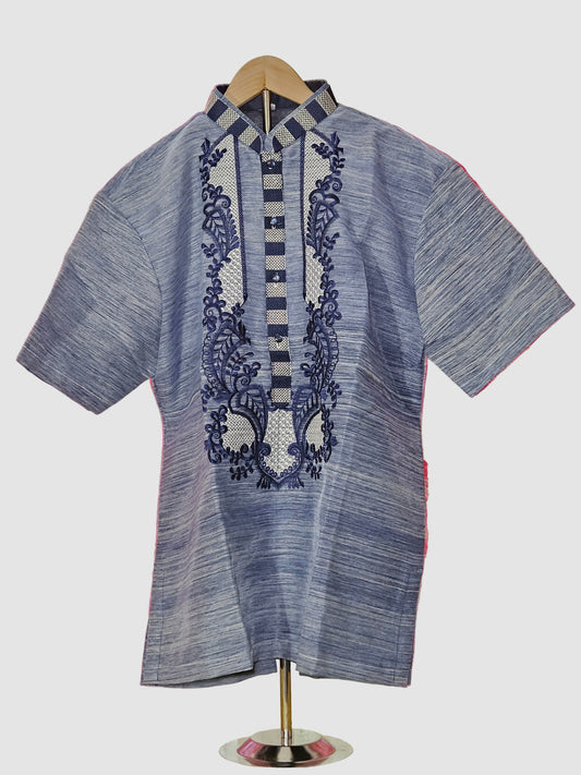 Navy Blue Short Sleeved Barong Tagalog -  Design 2