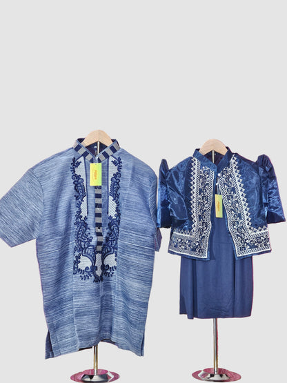 Navy Blue Short Sleeved Barong Tagalog -  Design 2