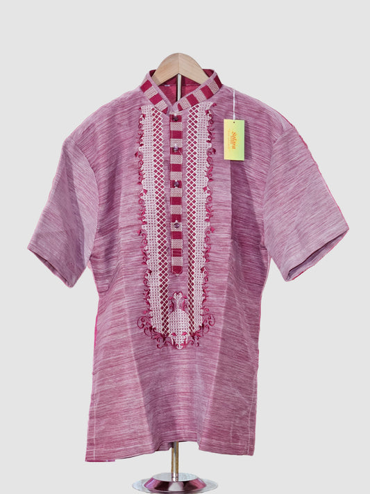 Red Short Sleeved Barong Tagalog - Design 2