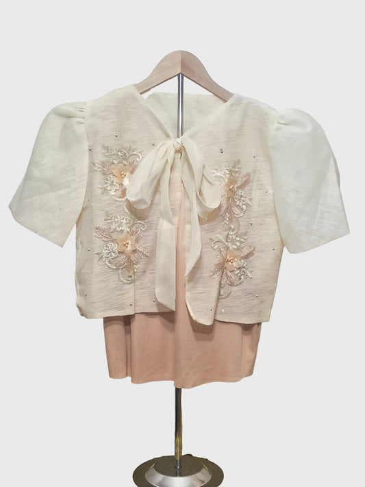 Cream Bolero with Bow and Floral Embroidery