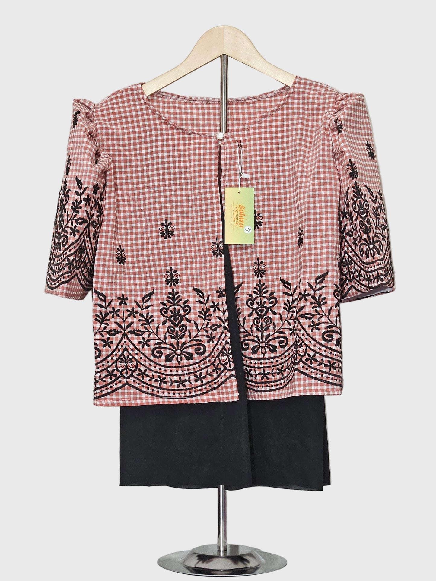 Checkered Bolero with Black Embroidery