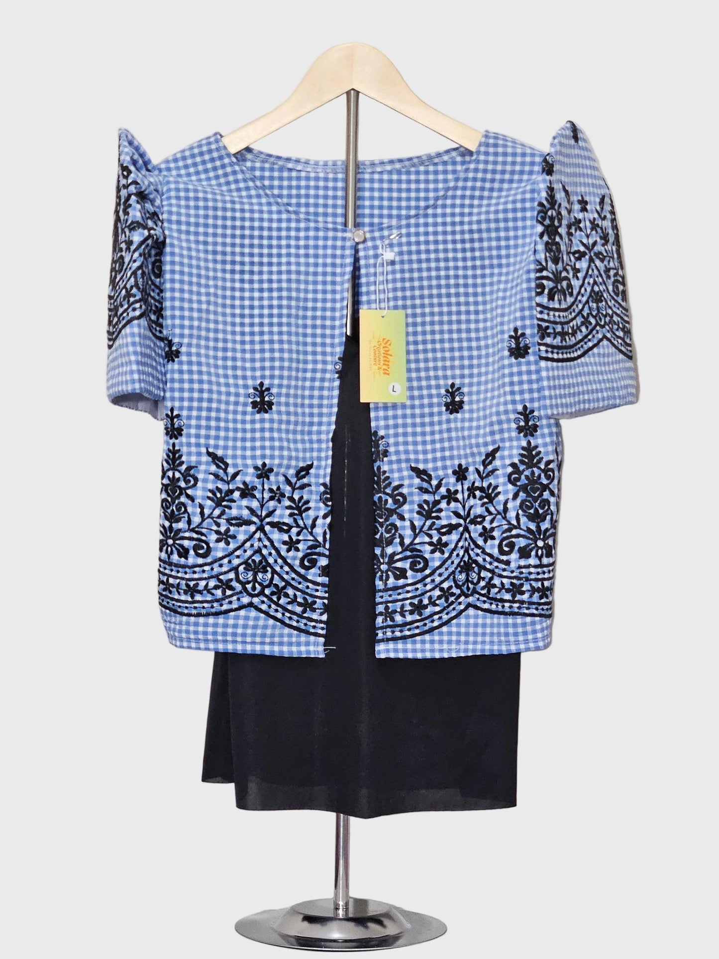 Checkered Bolero with Black Embroidery