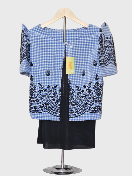 Checkered Bolero with Black Embroidery