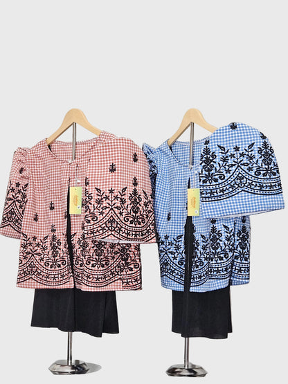 Checkered Bolero with Black Embroidery