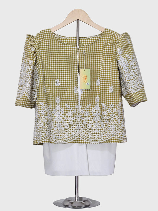 Checkered Bolero with White Embroidery