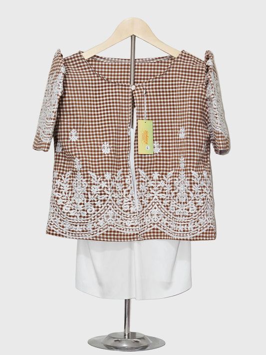 Checkered Bolero with White Embroidery