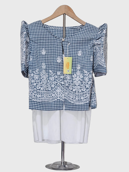 Checkered Bolero with White Embroidery