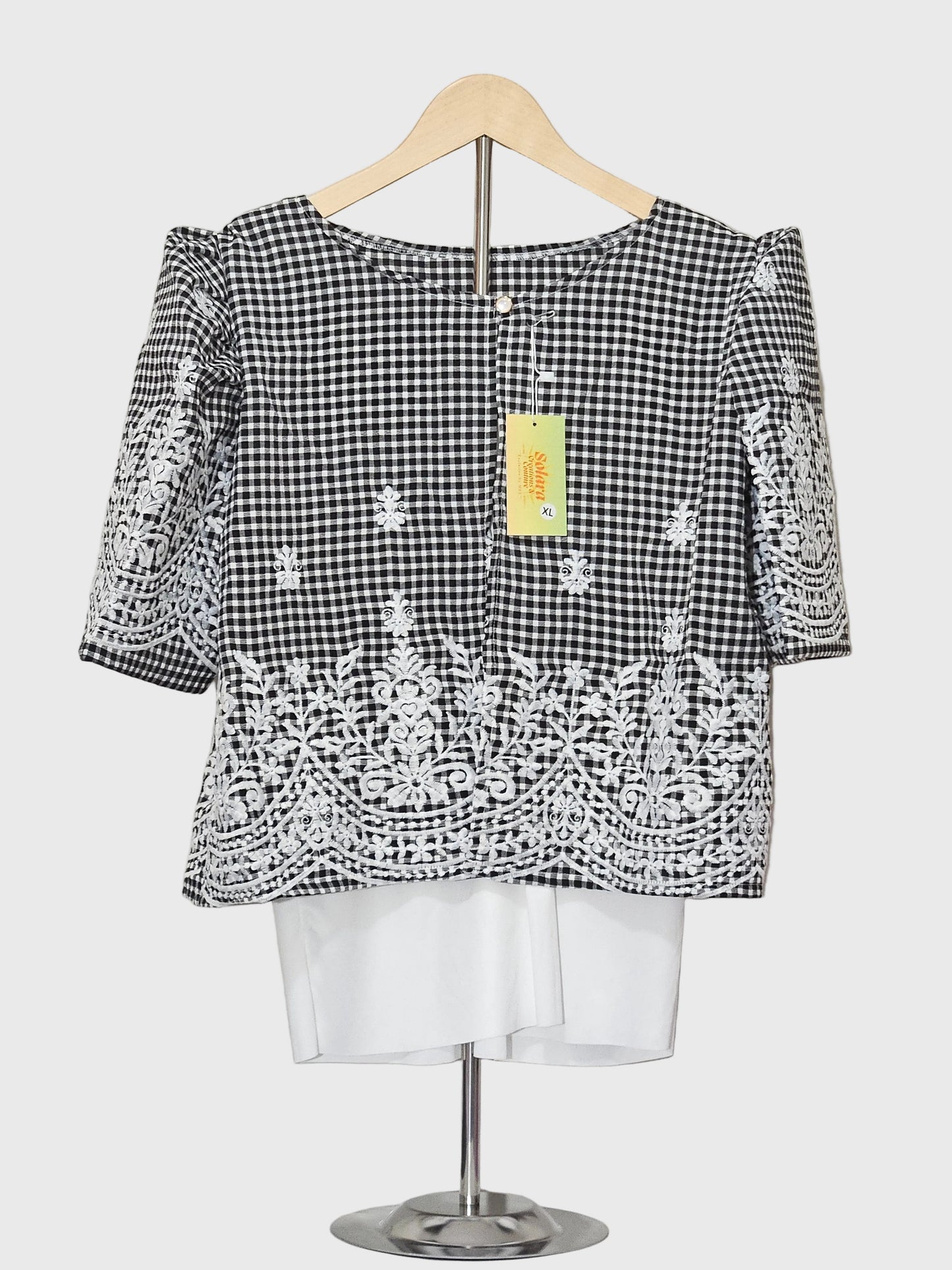 Checkered Bolero with White Embroidery
