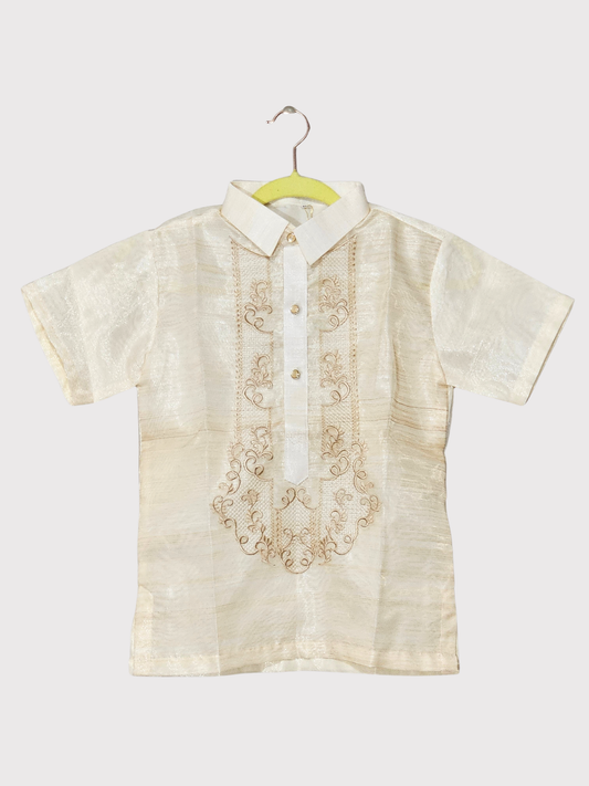 Cream Kid's Short Sleeve Barong Tagalog - Design 3