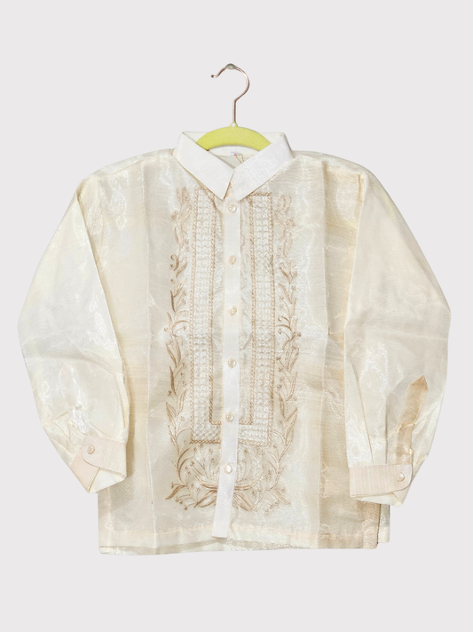 Cream Kid's Long Sleeve Barong Tagalog - Design 3