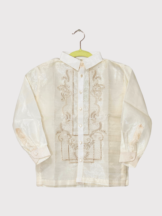 Cream Kid's Long Sleeve Barong Tagalog - Design 4