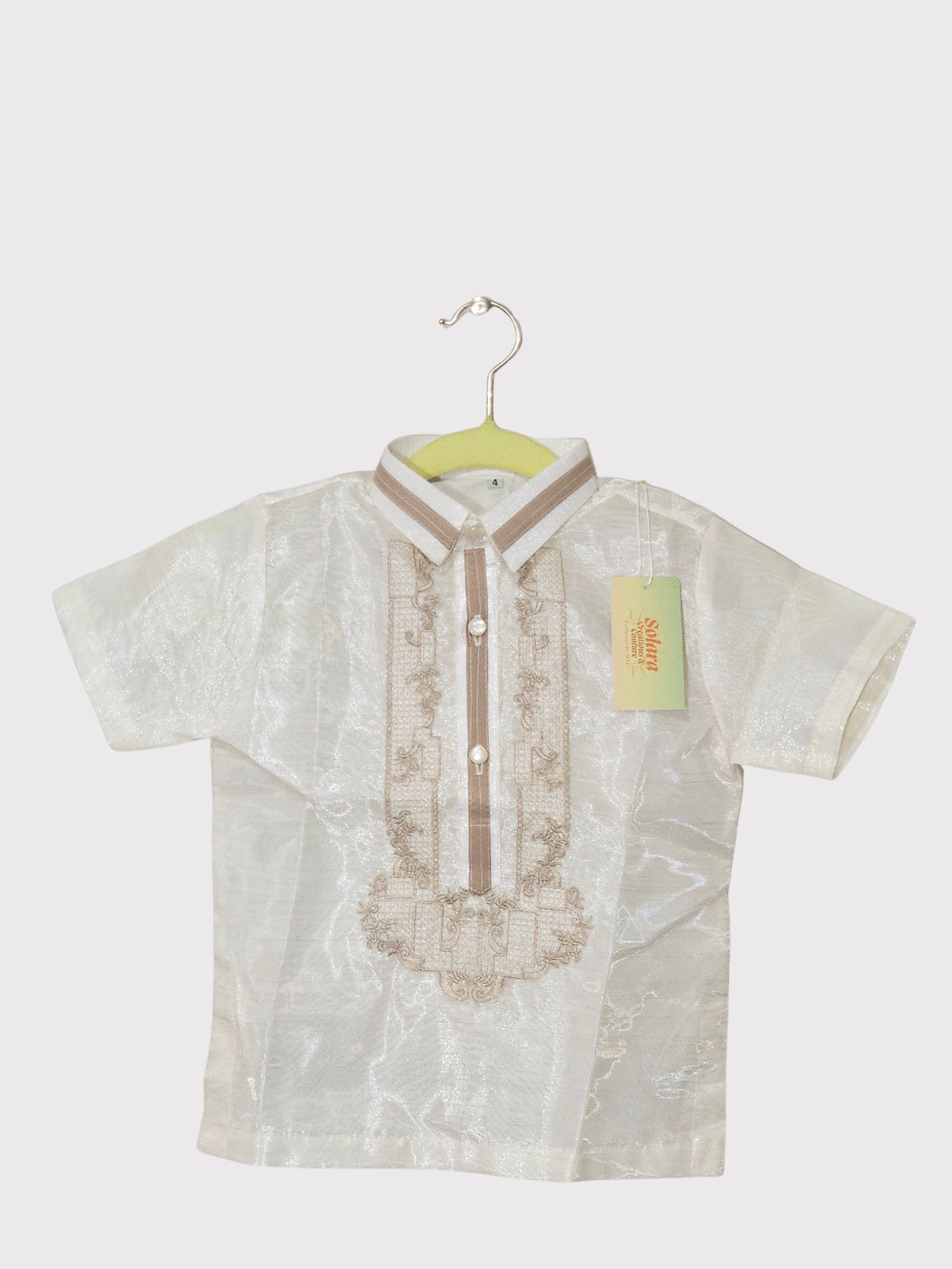 Cream Kid's Short Sleeve Barong Tagalog - Design 2